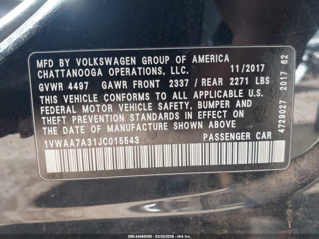Продажа на аукционе авто 2018 Volkswagen Passat 2.0t R-line/2.0t S, vin: 1VWAA7A31JC015543, номер лота: 44469390