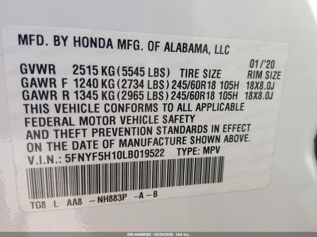 5FNYF5H10LB019522 Honda Pilot 2wd Lx