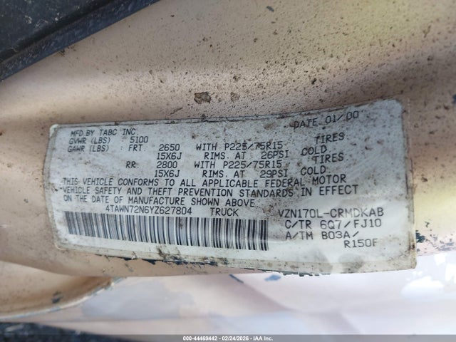 2000 Toyota Tacoma Base V6 მანქანა იყიდება აუქციონზე, vin: 4TAWN72N6YZ627804, აუქციონის ნომერი: 44469442