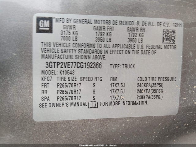 44469479 :رقم المزاد ، 3GTP2VE77CG192366 vin ، 2012 Gmc Sierra 1500 Sle مزاد بيع