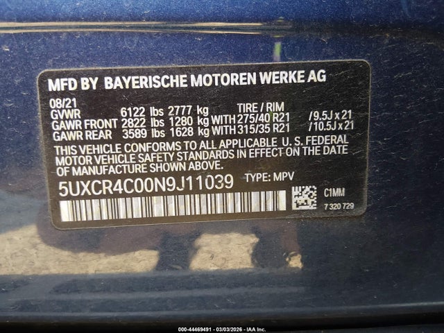 2022 Bmw X5 Sdrive40i მანქანა იყიდება აუქციონზე, vin: 5UXCR4C00N9J11039, აუქციონის ნომერი: 44469491