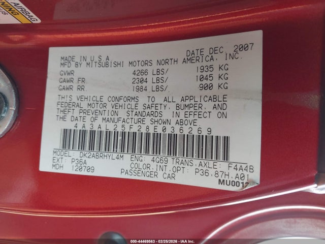 2008 MITSUBISHI ECLIPSE 4A3AL25F28E036269 Photo 8