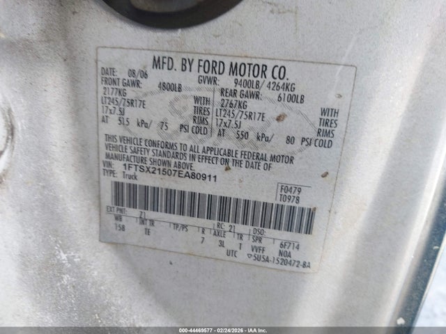 2007 Ford F-250 Lariat/xl/xlt მანქანა იყიდება აუქციონზე, vin: 1FTSX21507EA80911, აუქციონის ნომერი: 44469577