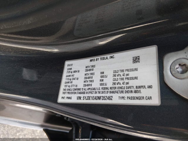 44469603 :رقم المزاد ، 5YJ3E1EA0NF352462 vin ، 2022 Tesla Model 3 Rear-wheel Drive مزاد بيع