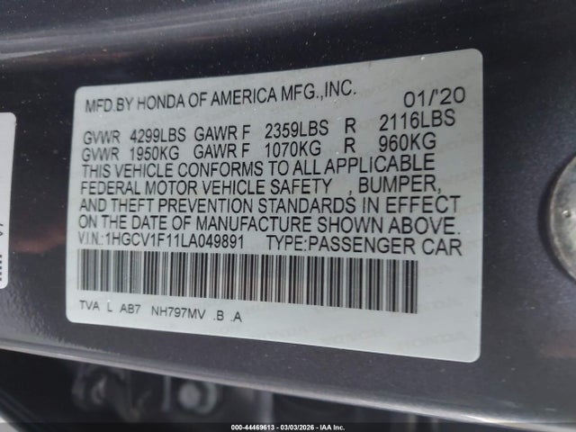 2020 Honda Accord Lx მანქანა იყიდება აუქციონზე, vin: 1HGCV1F11LA049891, აუქციონის ნომერი: 44469613