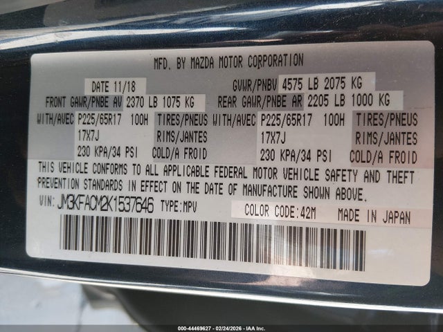 Aukcja sprzedaży 2019 Mazda Cx-5 Touring, vin: JM3KFACM2K1537646, numer aukcji: 44469627