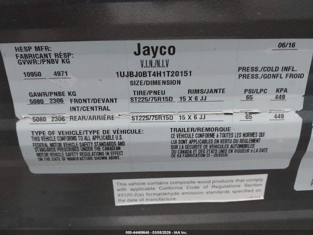 2017 Jayco Jay Flight 34 Rsbs მანქანა იყიდება აუქციონზე, vin: 1UJBJ0BT4H1T20151, აუქციონის ნომერი: 44469646