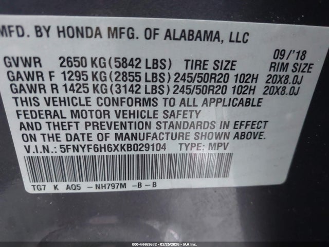 5FNYF6H6XKB029104 Honda Pilot Touring