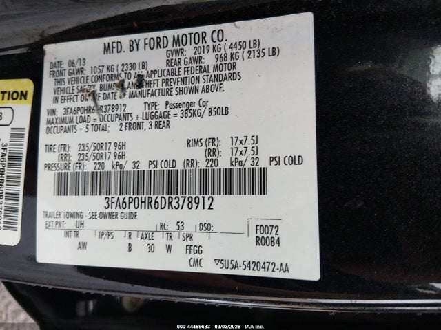 Aukcja sprzedaży 2013 Ford Fusion Se, vin: 3FA6P0HR6DR378912, numer aukcji: 44469683