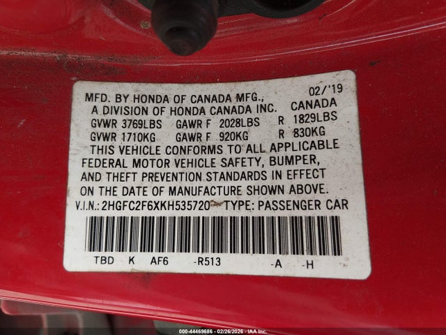 2HGFC2F6XKH535720 Honda Civic Lx