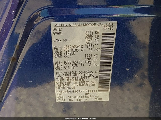 44469701 :رقم المزاد ، 5N1DR2MN4JC677010 vin ، 2018 Nissan Pathfinder Sl مزاد بيع