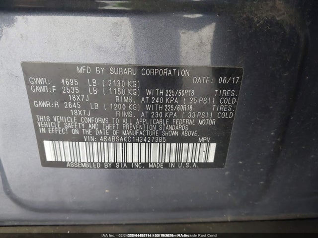 4S4BSAKC1H3427385 Subaru Outback 2.5i Limited