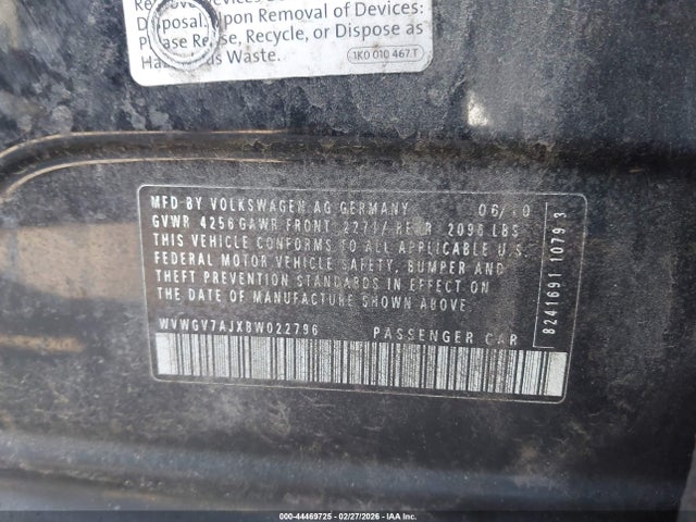 44469725 :رقم المزاد ، WVWGV7AJXBW022796 vin ، 2011 Volkswagen Gti 4-door مزاد بيع