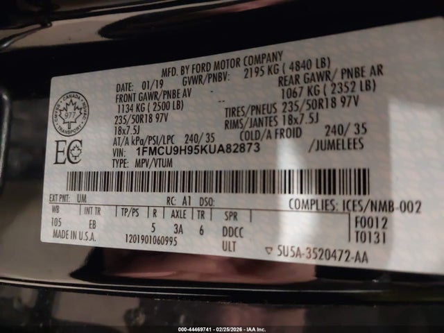 1FMCU9H95KUA82873 Ford ESCAPE SEL