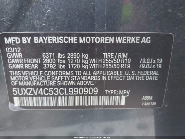 44469773 :رقم المزاد ، 5UXZV4C53CL990909 vin ، 2012 Bmw X5 Xdrive35i/xdrive35i Premium/xdrive35i Sport Activity مزاد بيع