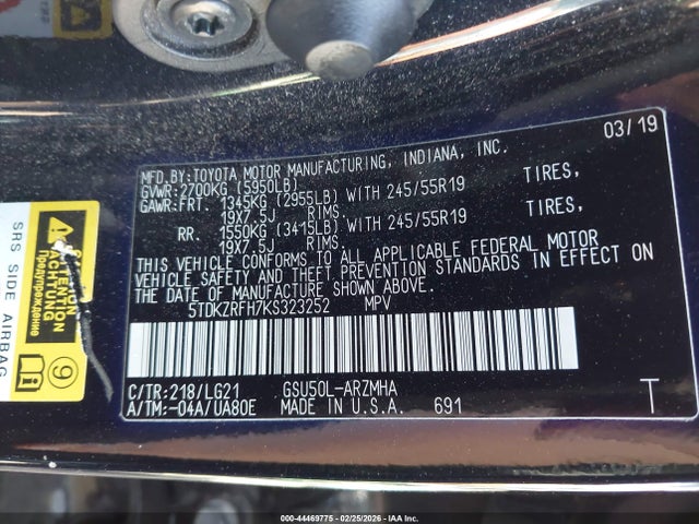 5TDKZRFH7KS323252 Toyota Highlander Se
