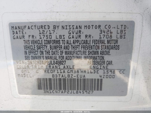 3N1CN7AP2JL845927 Nissan Versa 1.6 Sv