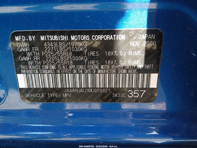 Aukcja sprzedaży 2021 Mitsubishi Outlander Sport 2.0 Be Awc/2.0 Es Awc/2.0 Le Awc/2.0 Se Awc, vin: JA4ARUAU1MU009821, numer aukcji: 44469790