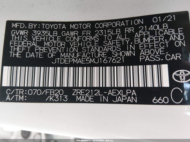 JTDEPMAE5MJ167621 Toyota COROLLA LE