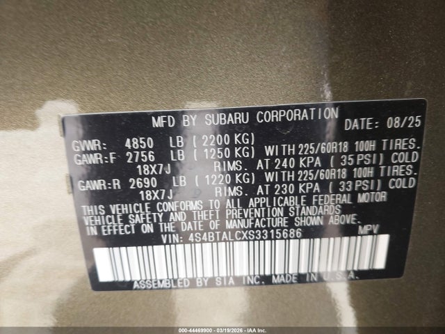 44469900 :رقم المزاد ، 4S4BTALCXS3315686 vin ، 2025 Subaru Outback Onyx Edition مزاد بيع