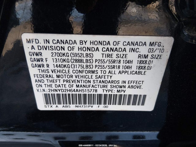 44469911 :رقم المزاد ، 2HNYD2H64AH515778 vin ، 2010 Acura Mdx Technology Package مزاد بيع
