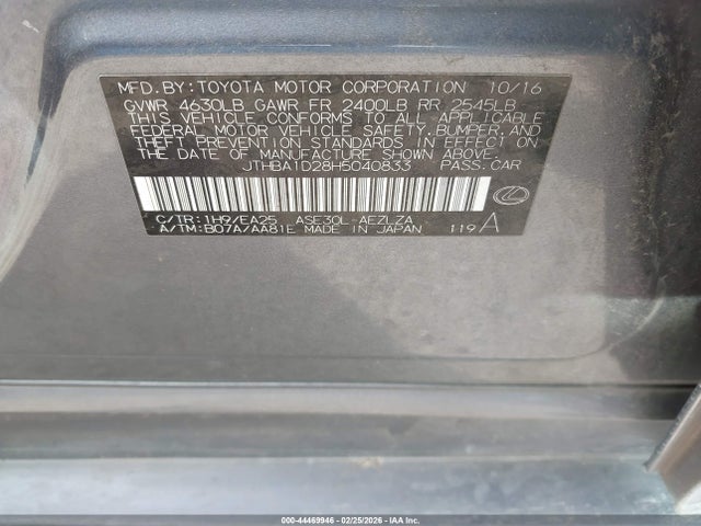 44469946 :رقم المزاد ، JTHBA1D28H5040833 vin ، 2017 Lexus Is 200t مزاد بيع