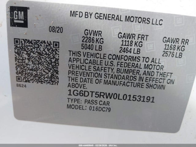 44469949 :رقم المزاد ، 1G6DT5RW0L0153191 vin ، 2020 Cadillac Ct5 Premium Luxury مزاد بيع