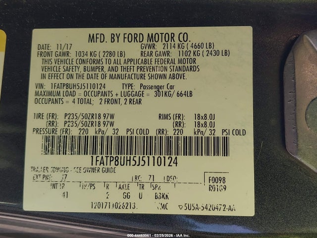 44469961 :رقم المزاد ، 1FATP8UH5J5110124 vin ، 2018 Ford Mustang Ecoboost Premium مزاد بيع