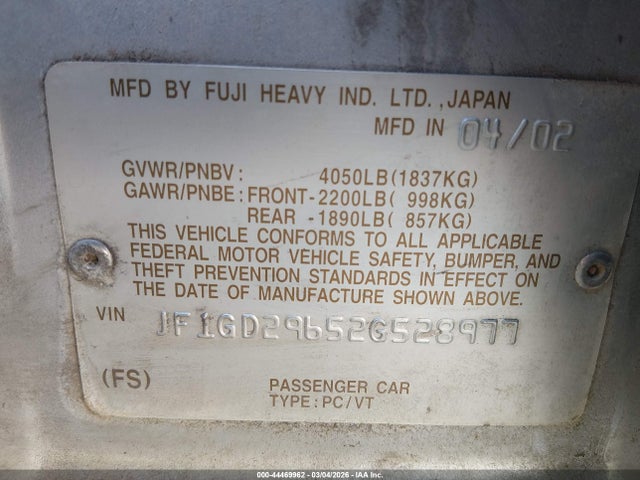 44469962 :رقم المزاد ، JF1GD29652G528977 vin ، 2002 Subaru Impreza Wrx مزاد بيع