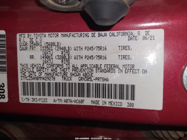 3TMCZ5AN0MM429278 Toyota Tacoma Sr5 V6