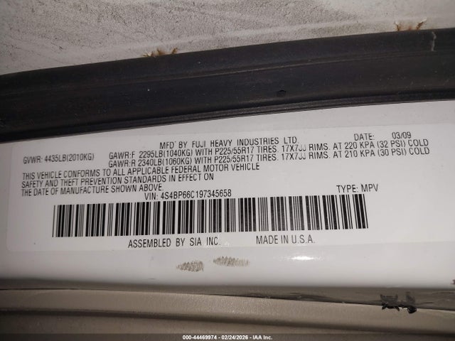 Продажа на аукционе авто 2009 Subaru Outback 2.5i Limited, vin: 4S4BP66C197345658, номер лота: 44469974