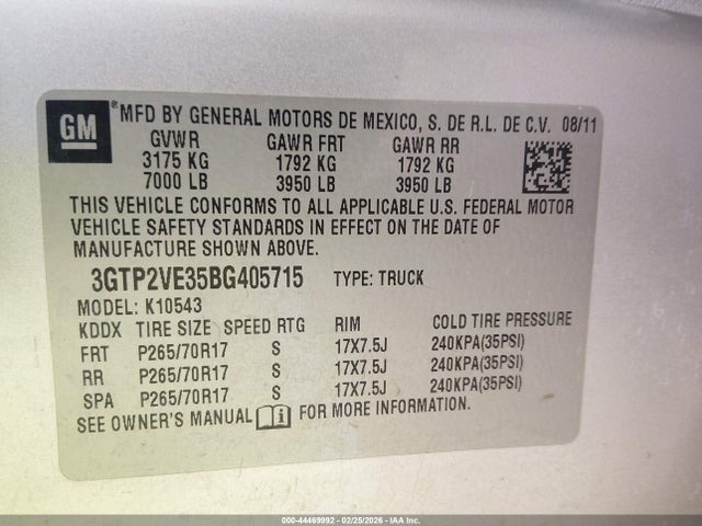 44469992 :رقم المزاد ، 3GTP2VE35BG405715 vin ، 2011 Gmc Sierra 1500 Sle مزاد بيع
