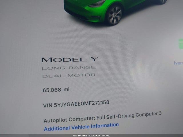 2021 Tesla Model Y Long Range Dual Motor All-wheel Drive მანქანა იყიდება აუქციონზე, vin: 5YJYGAEE0MF272158, აუქციონის ნომერი: 44470005