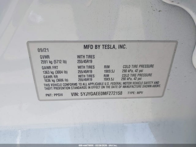 2021 Tesla Model Y Long Range Dual Motor All-wheel Drive მანქანა იყიდება აუქციონზე, vin: 5YJYGAEE0MF272158, აუქციონის ნომერი: 44470005