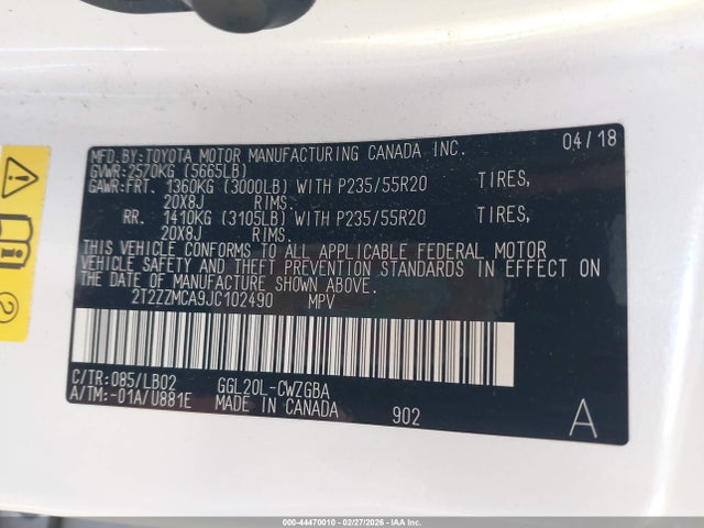44470010 :رقم المزاد ، 2T2ZZMCA9JC102490 vin ، 2018 Lexus Rx 350 مزاد بيع