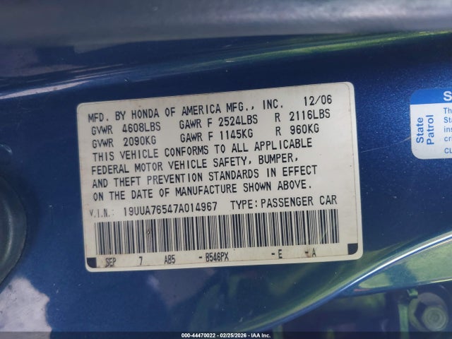 2007 Acura Tl Type S მანქანა იყიდება აუქციონზე, vin: 19UUA76547A014967, აუქციონის ნომერი: 44470022