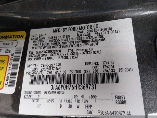 44470098 :رقم المزاد ، 3FA6P0H76HR369731 vin ، 2017 Ford Fusion Se مزاد بيع