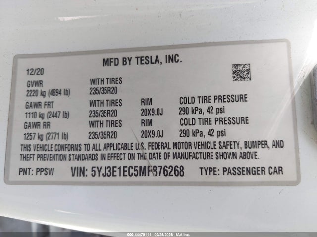 Aukcja sprzedaży 2021 Tesla Model 3 Performance Dual Motor All-wheel Drive, vin: 5YJ3E1EC5MF876268, numer aukcji: 44470111