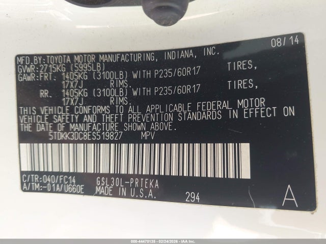 5TDKK3DC8ES519827 Toyota Sienna Le V6 8 Passenger