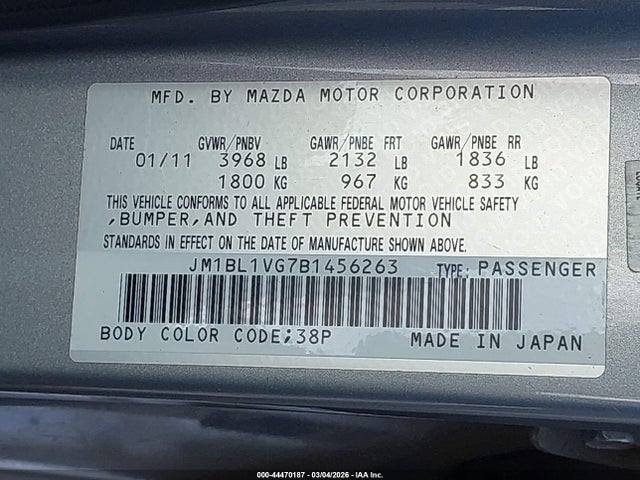 Aukcja sprzedaży 2011 Mazda Mazda3 I Touring, vin: JM1BL1VG7B1456263, numer aukcji: 44470187