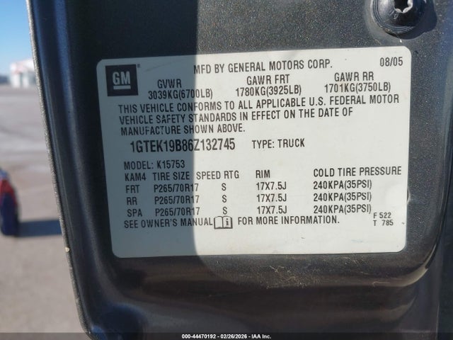 44470192 :رقم المزاد ، 1GTEK19B86Z132745 vin ، 2006 Gmc Sierra 1500 Sle1 مزاد بيع