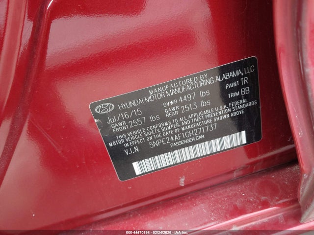 2016 Hyundai Sonata Se მანქანა იყიდება აუქციონზე, vin: 5NPE24AF1GH271737, აუქციონის ნომერი: 44470198