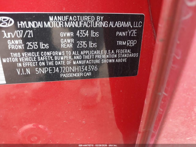 Продажа на аукционе авто 2022 Hyundai Sonata Sel Plus, vin: 5NPEJ4J20NH134396, номер лота: 44470215