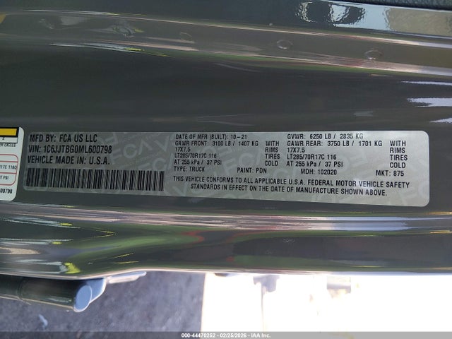 1C6JJTBG0ML600798 Jeep Gladiator Rubicon 4x4