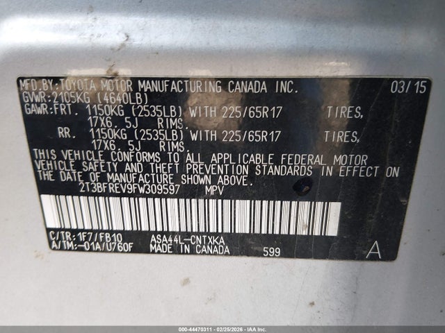 2T3BFREV9FW309597 Toyota RAV4 LE
