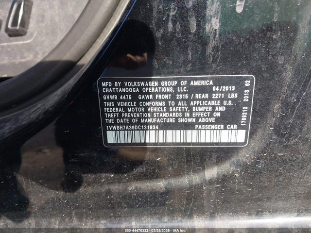 44470333 :رقم المزاد ، 1VWBH7A39DC131934 vin ، 2013 Volkswagen Passat 2.5l Se مزاد بيع