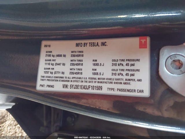 Aukcja sprzedaży 2018 Tesla Model 3 Long Range/mid Range, vin: 5YJ3E1EA3JF101509, numer aukcji: 44470341