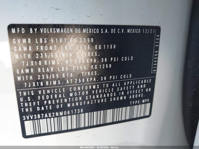3VV3B7AX2NM061738 Volkswagen Tiguan 2.0t Se