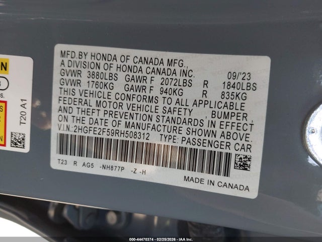 2HGFE2F59RH508312 Honda Civic Sport