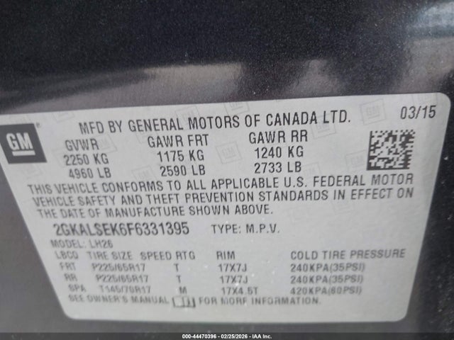 Aukcja sprzedaży 2015 Gmc Terrain Slt-1, vin: 2GKALSEK6F6331395, numer aukcji: 44470396
